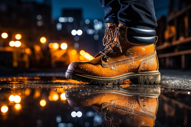 Construction worker39s boots on a wet ground with construction site in the background illuminated at night