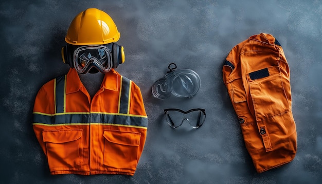 Photo construction worker39s safety gear including a hard hat respirator safety glasses and a hivisibility jacket