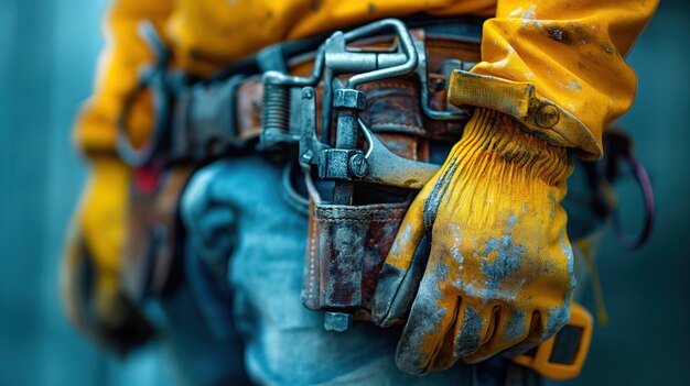 Photo construction worker39s tool belt with yellow gloves and safety gear