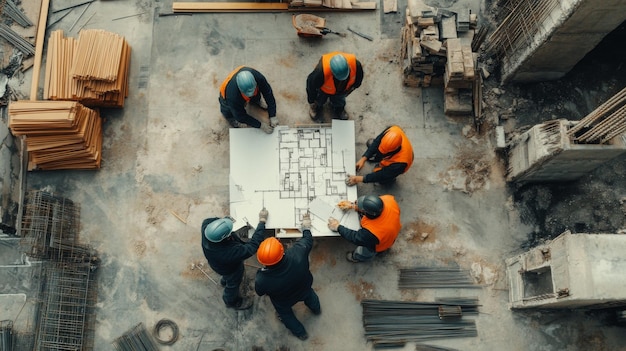 Construction Workers Analyzing Blueprint at a Construction Site