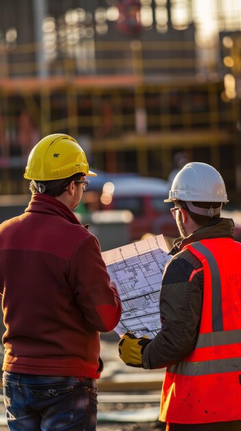 Construction workers behind blueprints and laptop on construction site