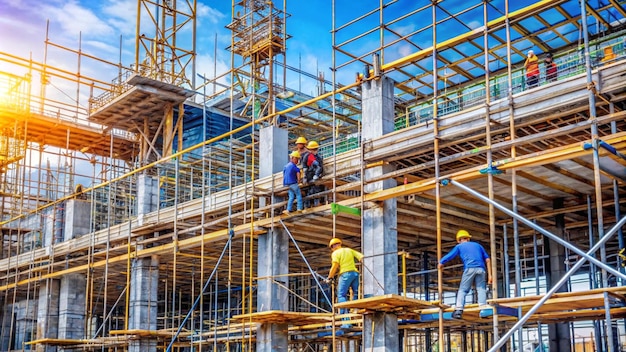 Photo construction workers building scaffolding on a highrise project