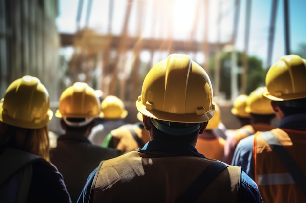 Construction workers at construction site outdoors labor wearing yellow safety hardhats Generative AI