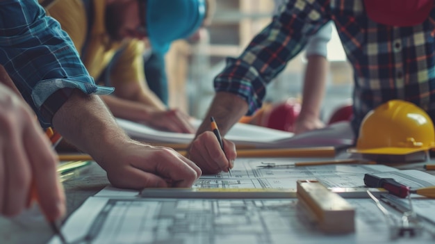 Photo construction workers discussing blueprints at a construction site