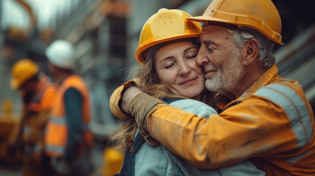 Photo construction workers embrace after hard day39s work