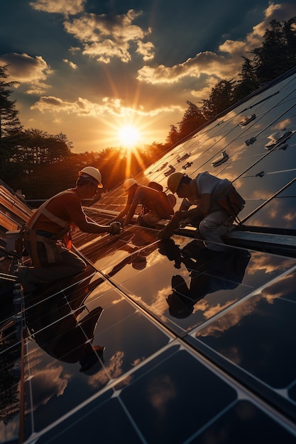 Construction workers engaged in the installation of solar panels during a vibrant sunset demonstrating renewable energy infrastructure development