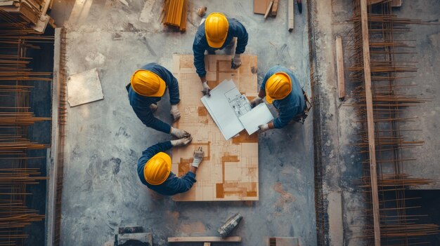 Construction Workers Examining Blueprint on Site