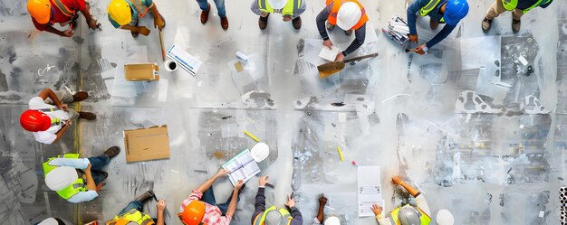 Photo construction workers in hard hats gather around plans