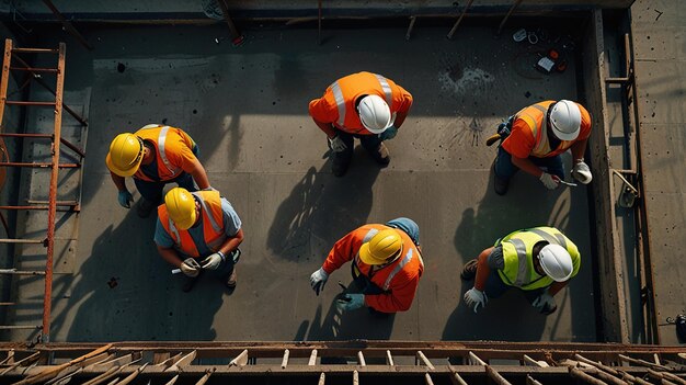 Photo construction workers in hard hats and safety vests stand on a concrete floor looking down at the camera