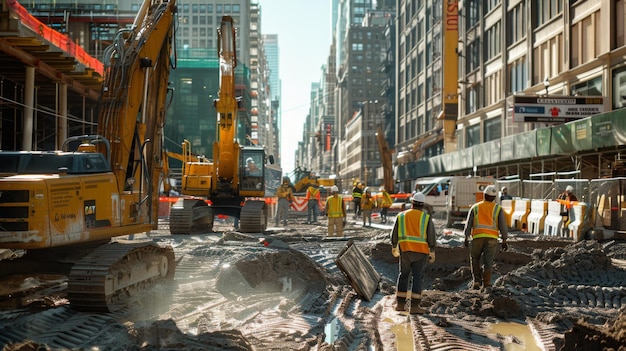 Construction workers and heavy machinery operate on a bustling urban street highlighting urban development