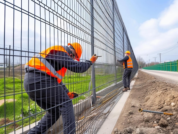 Photo construction workers installing a metal fence