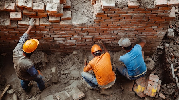 Construction Workers Laying Bricks on a Wall