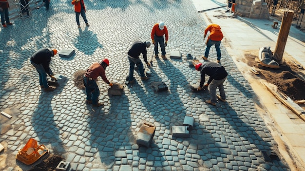 Photo construction workers laying cobblestones on a street