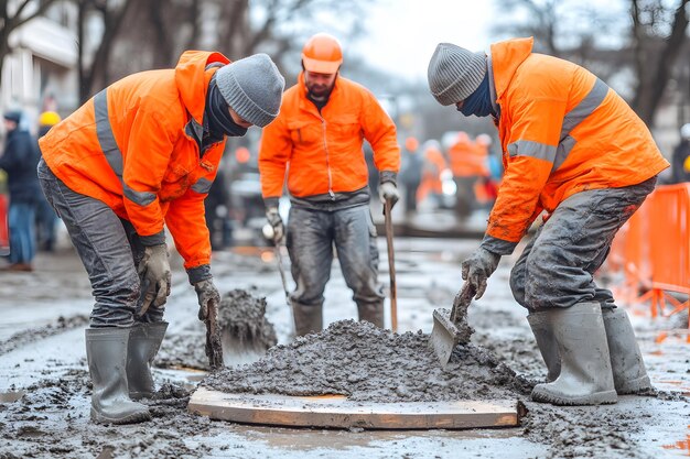 Photo construction workers laying concrete in winter