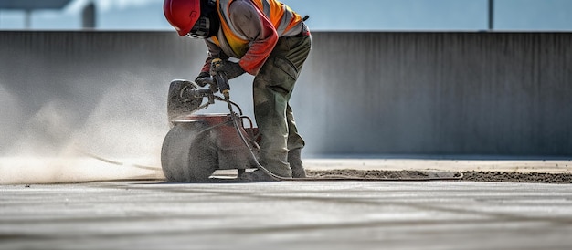 Construction workers leveling concrete pavement