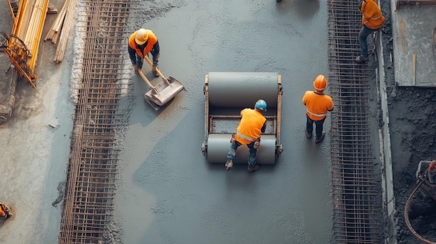 Photo construction workers leveling concrete with roller