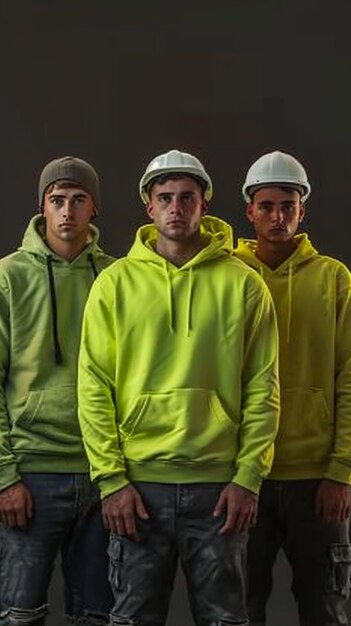 Photo construction workers in lime green hoodies and white helmets