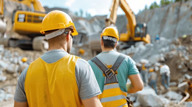 Photo construction workers onsite wearing safety gear overseeing excavation with heavy machinery in action on a bright day