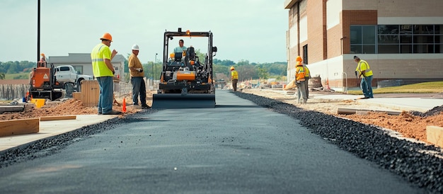 Photo construction workers paving a new road