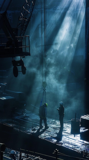 Construction Workers Performing Tasks Under Night Lights