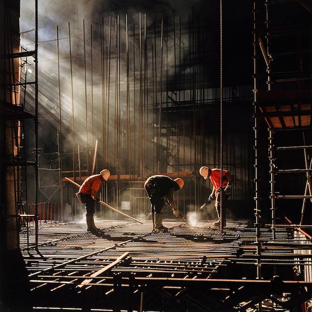 Construction Workers Performing Tasks Under Night Lights