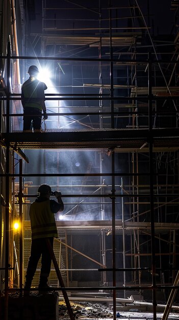 Construction Workers Performing Tasks Under Night Lights