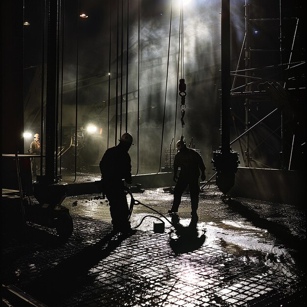 Construction Workers Performing Tasks Under Night Lights