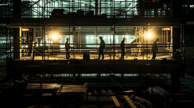 Construction Workers Performing Tasks Under Night Lights