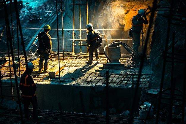 Construction Workers Performing Tasks Under Night Lights