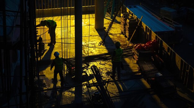 Photo construction workers performing tasks under night lights