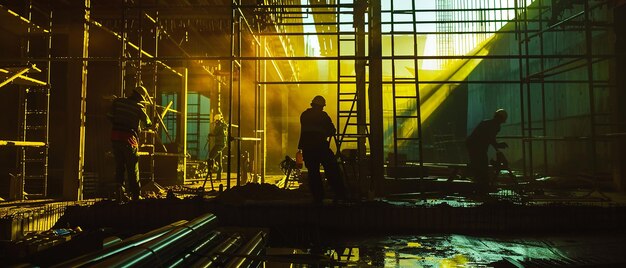 Construction Workers Performing Tasks Under Night Lights