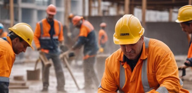 Photo construction workers pouring concrete at a site