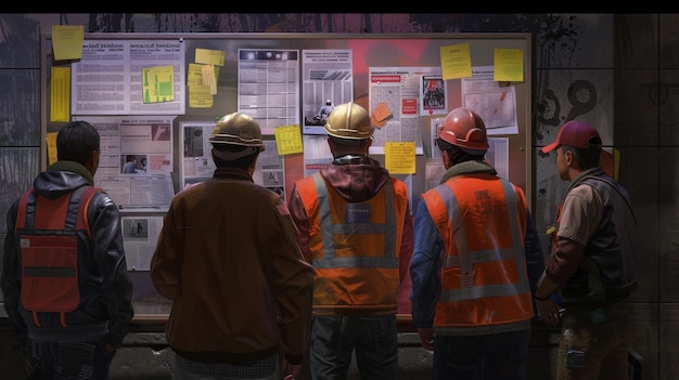 Construction Workers Reading Bulletin Board