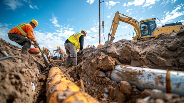 Photo construction workers repair underground pipes at a worksite under a clear blue sky in the afternoon