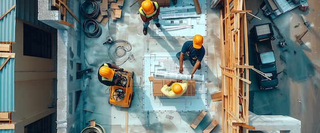 Photo construction workers review blueprints while standing on a building under construction