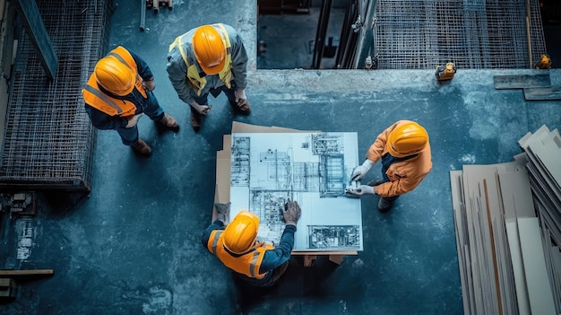 Photo construction workers reviewing blueprint