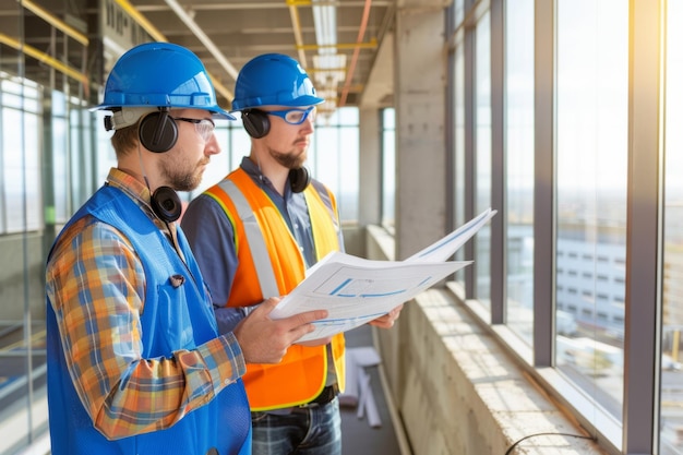 Photo construction workers reviewing blueprints in a modern building they wear safety helmets and vests their focus shows dedication to their work generative ai