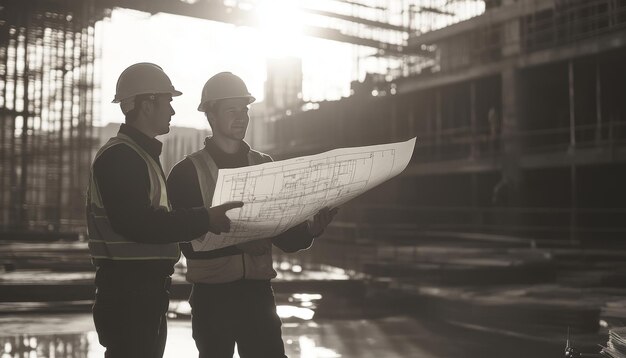 Photo construction workers reviewing blueprints with architect at a job site for project planning