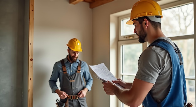 Photo construction workers reviewing project plans in a newly renovated room during daylight hours