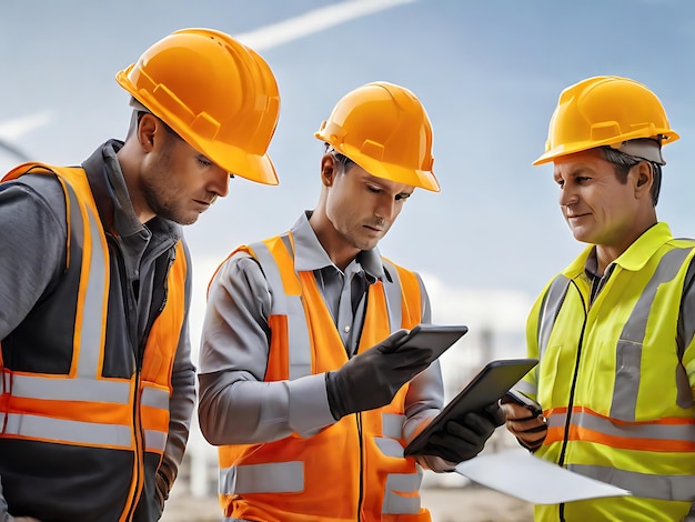 construction workers in safety gear are discussing