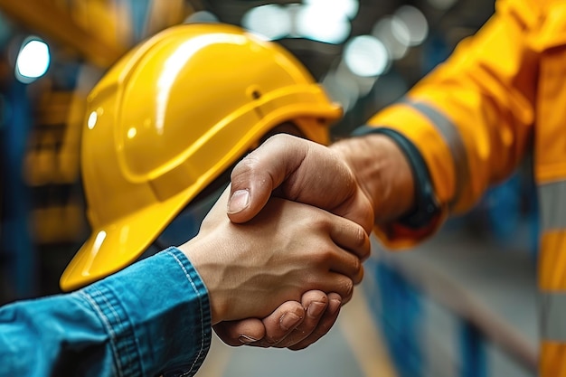 Photo construction workers shaking hands in front of a yellow hard hat