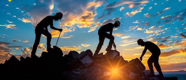 Construction Workers Silhouette at Sunset