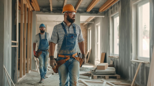 Construction workers standing next to each other looking away from the camera at their work in an industrial building