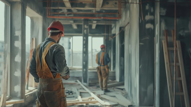 Construction workers standing next to each other at their work in an industrial building