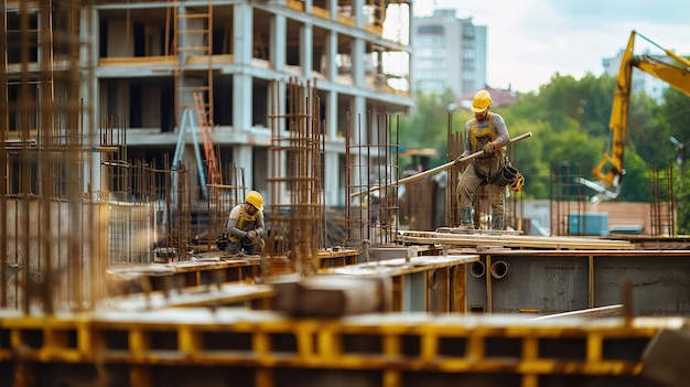 Construction workers standing next to each other at their work in an industrial building