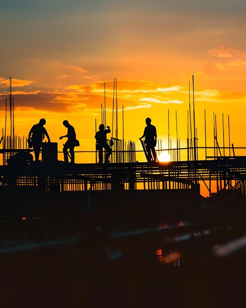 Photo construction workers at sunset