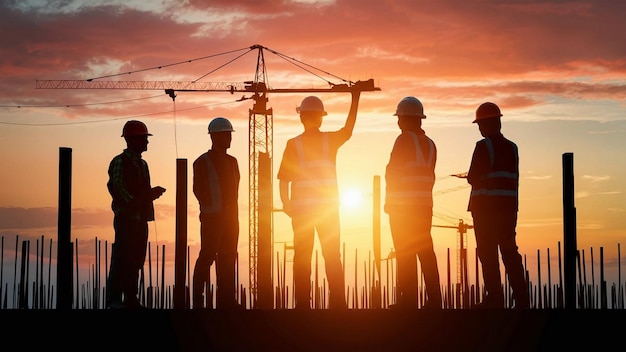 Construction workers at sunset