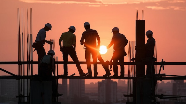 Construction workers at sunset