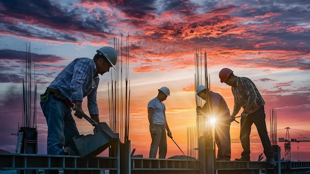 Construction workers at sunset