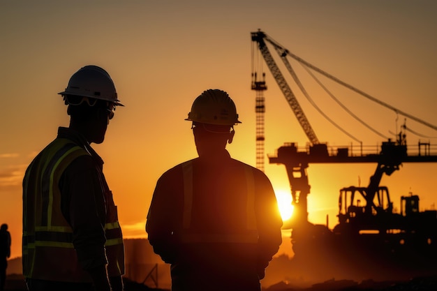 Construction workers talking in front of a construction site